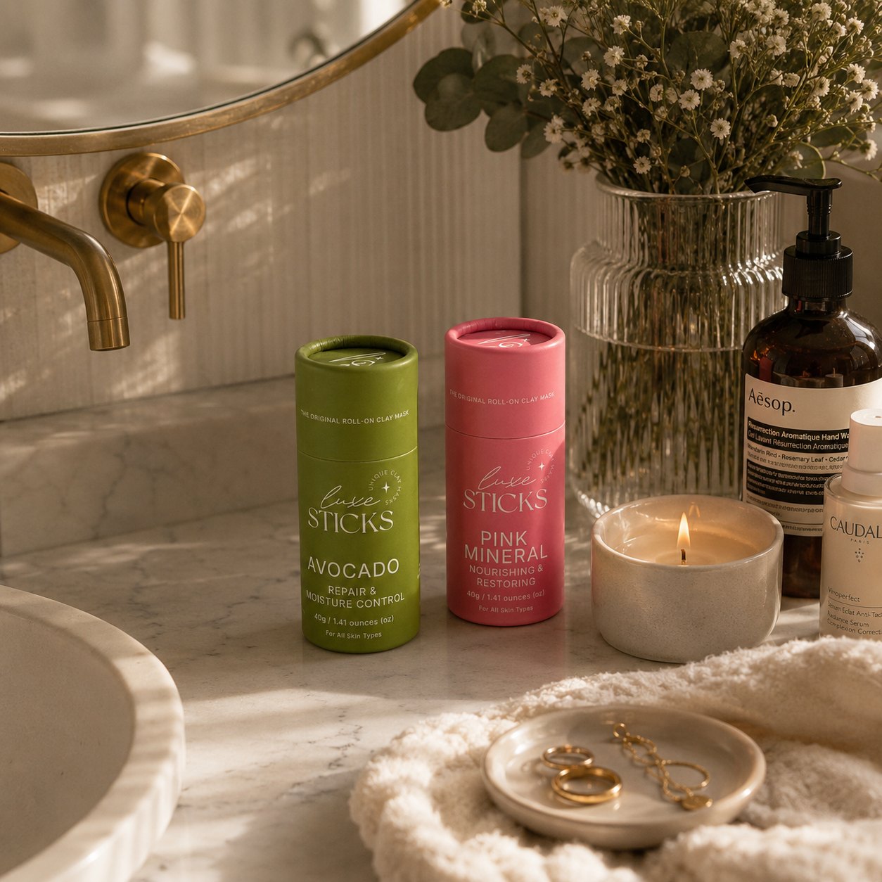 LuxeSticks Avocado and Pink Mineral Clay Mask Sticks styled on a marble bathroom countertop